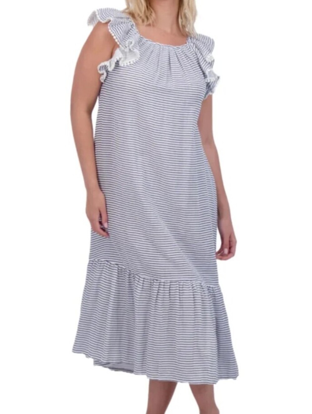 MER ST BARTH blue white sailor stripe maxi dress sz L